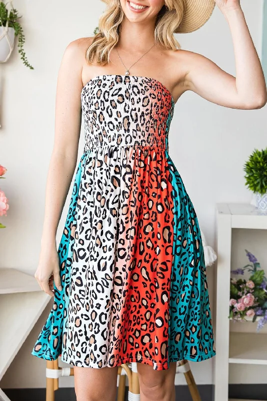 Leopard Print Smocked Strapless Dress