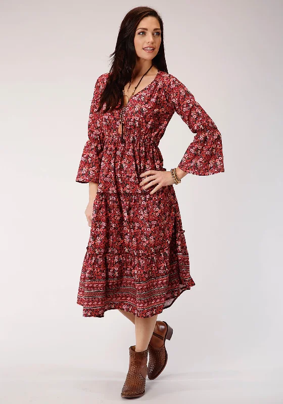 ROPER WOMENS RED FLORAL PRINT LONG SLEEVE DRESS