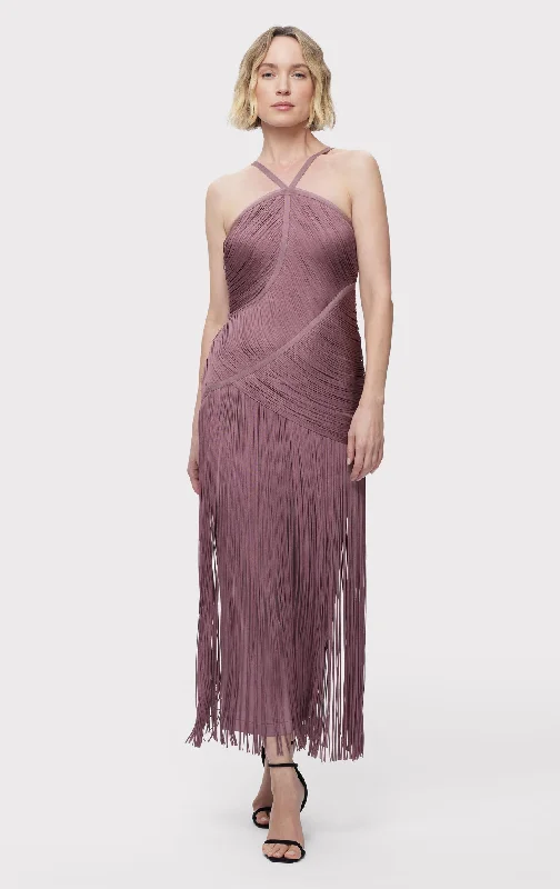 ASYMMETRIC DRAPED FRINGE HALTER GOWN