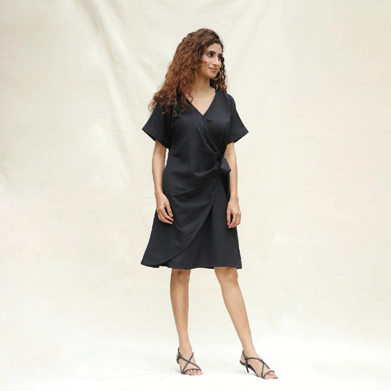 Black Cotton Flax A-Line Knee Length Wrap Dress