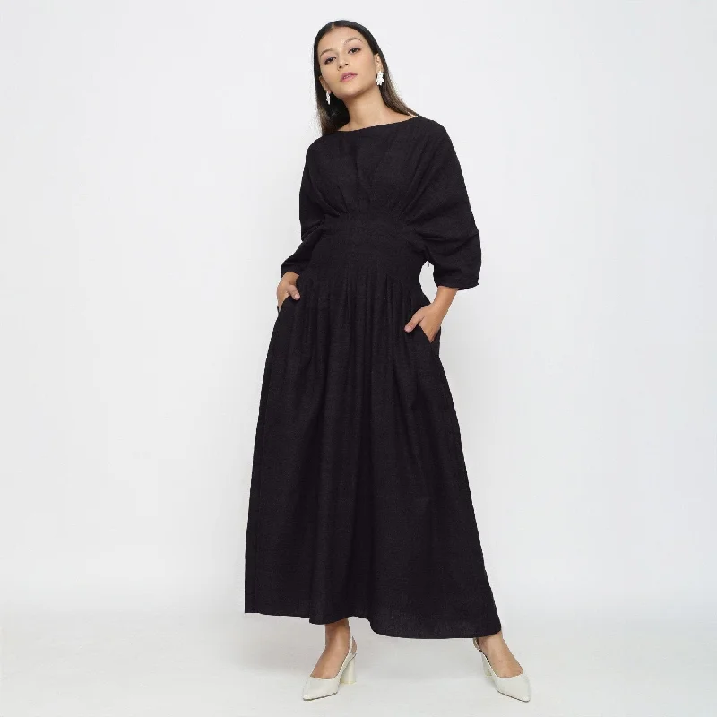 Black Cotton Flax Ankle Length Pleated Flared Dress