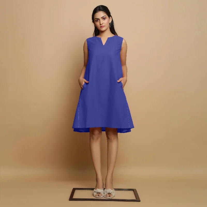 Blue Cotton Poplin Hand Embroidered Knee-Length Godet Dress