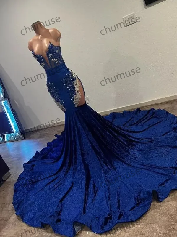 Blue Mermaid African Prom Dress For Women Cusotmized Luxury Beaded Sheer