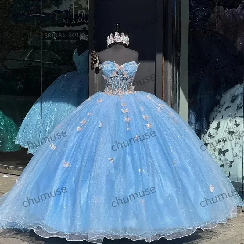 Blue Quinceanera Dress Butterfly Appliques Beads Crystal Birthday Prom Sweet 16 Gown