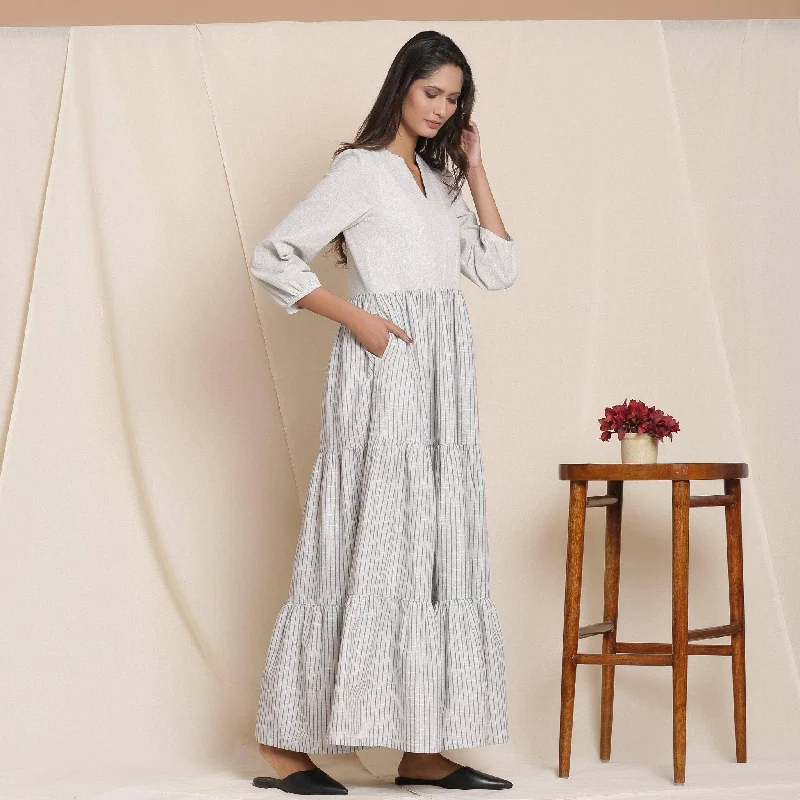 Cloudy Grey Striped Floor Length Cotton Tier Dress