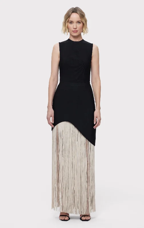 CREW NECK S/L ASYMMETRIC HEM FRINGE GOWN