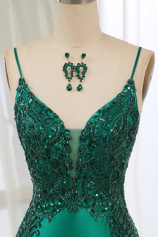 Dark Green Spaghetti Straps Mermaid Satin Prom Dress With Appliques