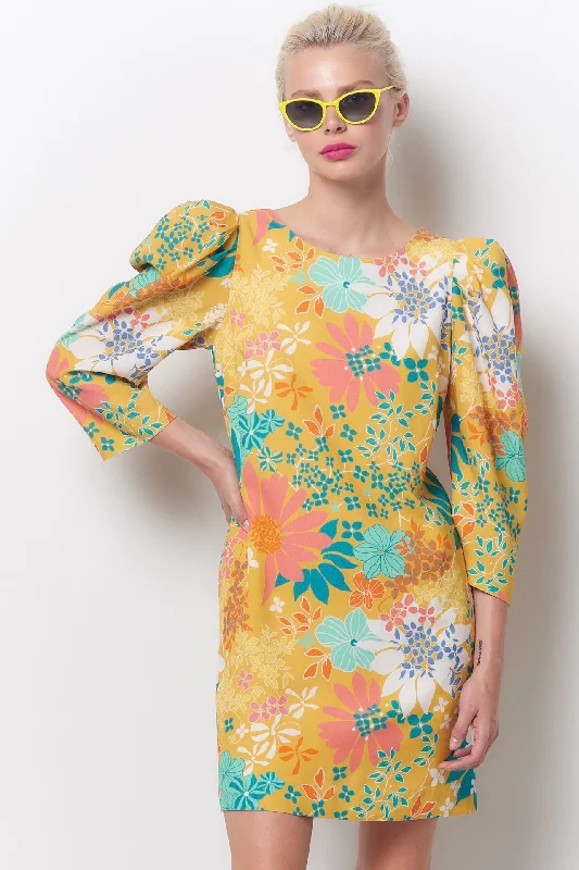 DOLLY Puff Sleeve Shift Dress - Flower Power