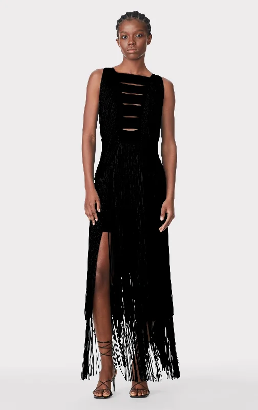 DRAPED FRINGE PLUNGING GOWN