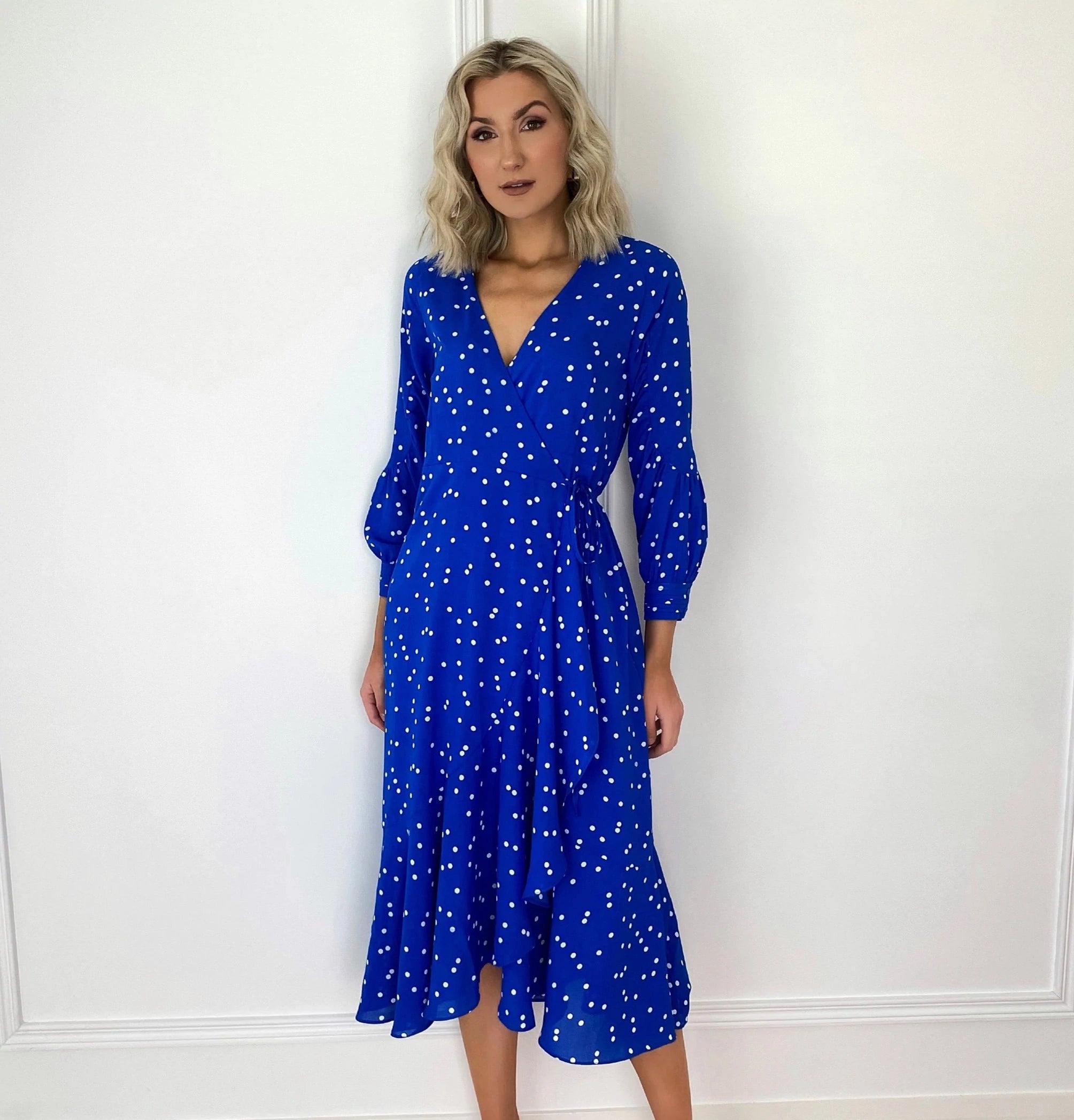 Emer Cobalt Blue Polka Dot Wrap Frill Hem Dress