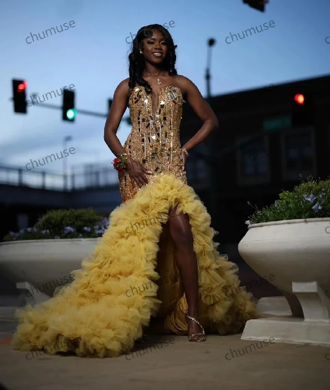 Gold Diamonds Mermaid Ruffles High Slit Prom Dress For Black Girls