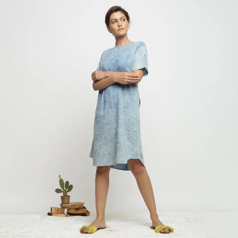 Indigo Dabu Hand-Lep Cotton Knee Length Dress