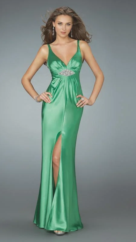 La Femme - Ruched Bodice Jewel Accent Open Back Slit Gown 14600