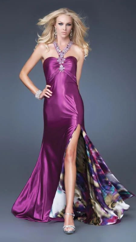 La Femme - Sleeveless Embellished Halter Satin Dress 16110