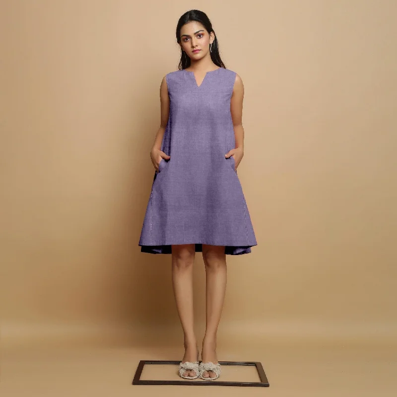 Lavender Cotton Linen Hand Embroidered Knee-Length Godet Dress