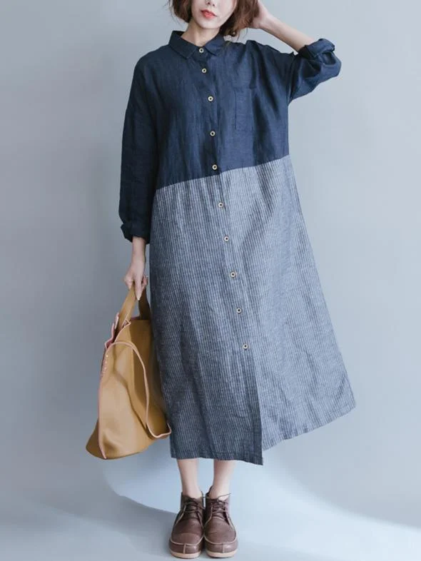 Loose Linen Cotton Pockets Button Casual Dress