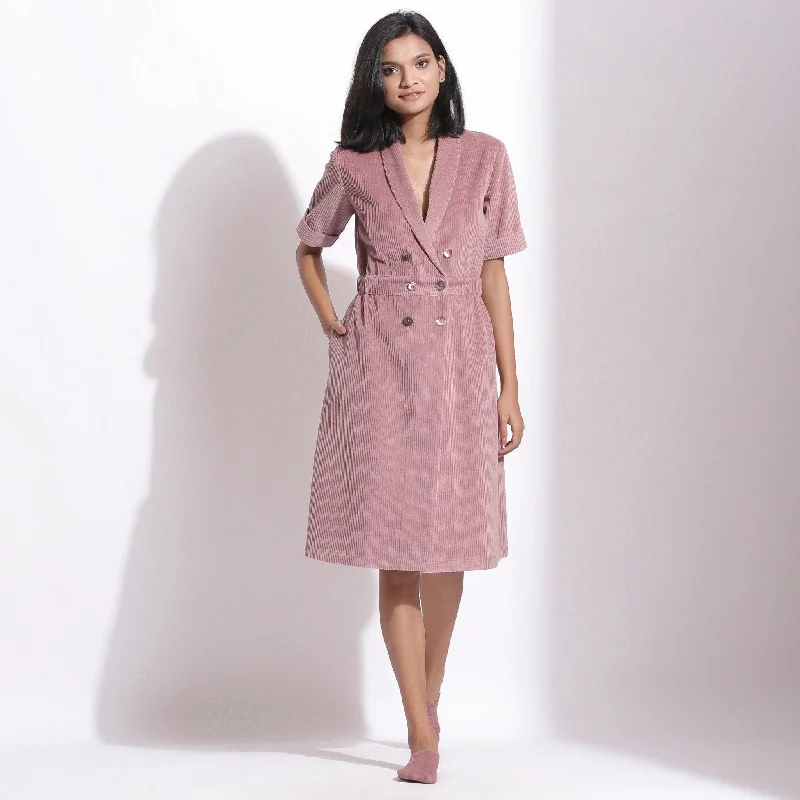 Mauve Warm Cotton Corduroy Knee Length Coat Dress