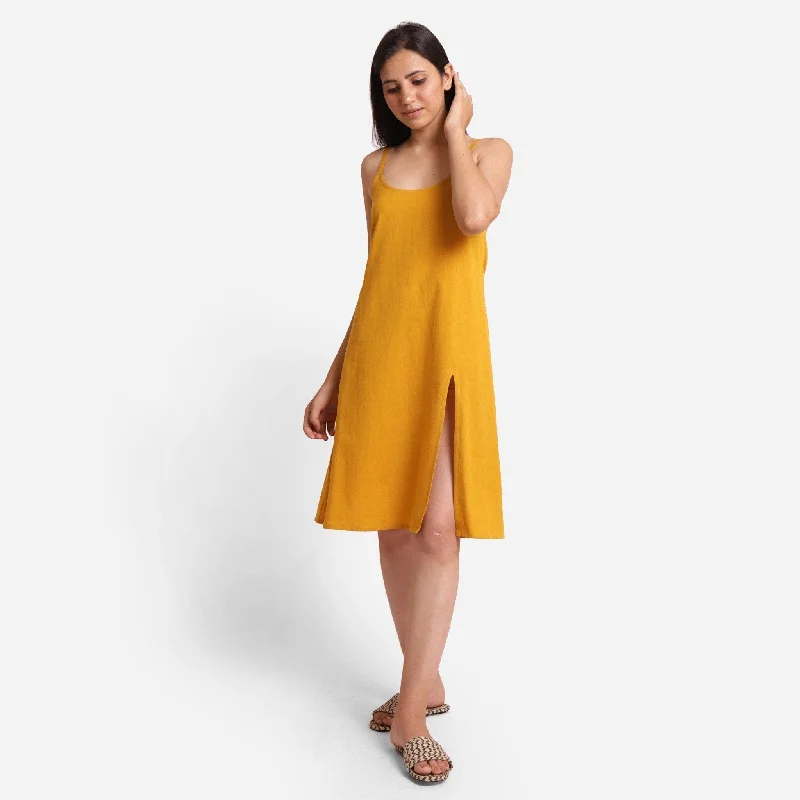 Mustard Cotton Flax Knee Length Strappy Slit Dress