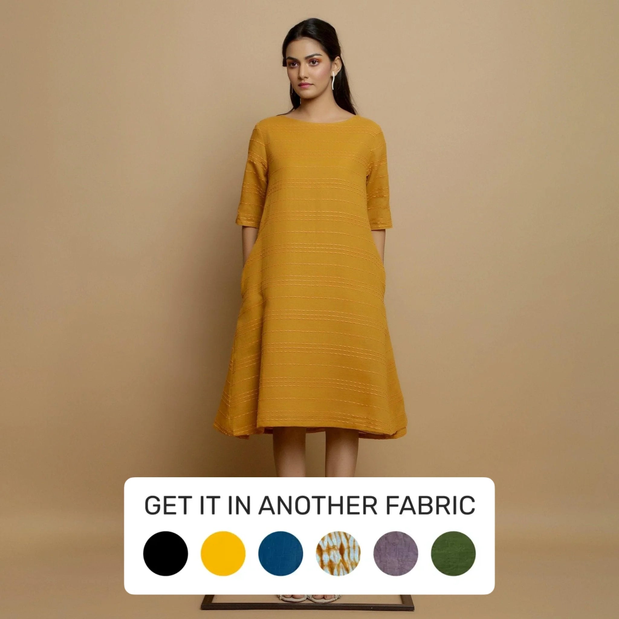 Mustard Striped Handwoven Cotton Knee Length Godet Dress