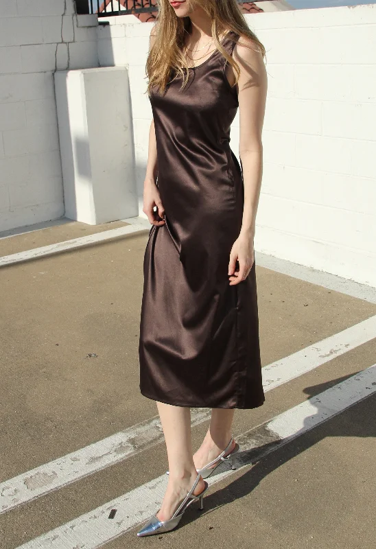 Brown Draped Satin Dress