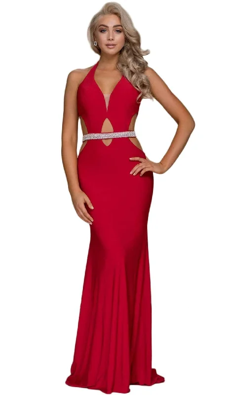 Nox Anabel - Embellished Plunging Halter Sheath Dress A046SC