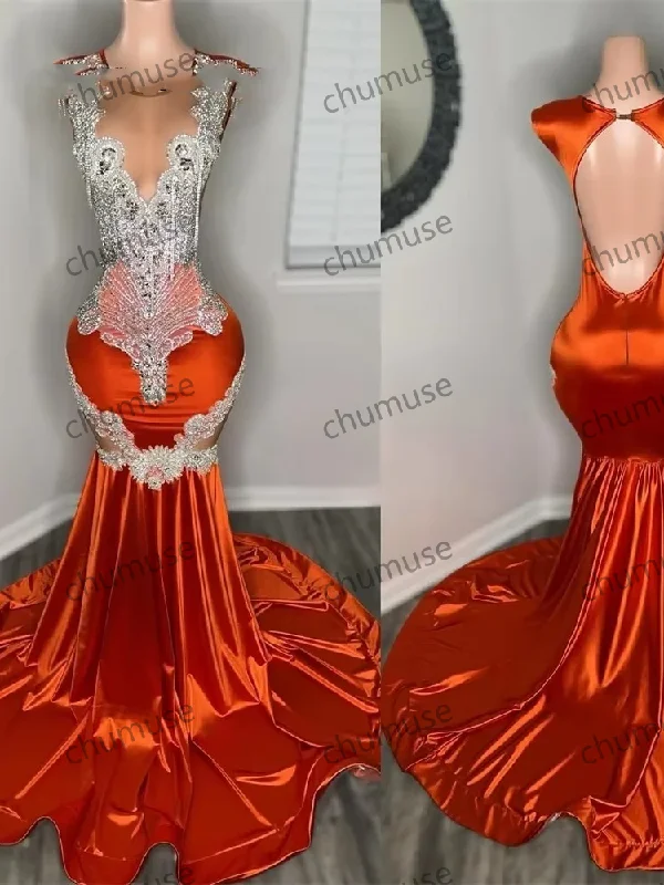 Orange Backless Prom Dresses Luxury Black Girls Silvery Beaded Rhinestones