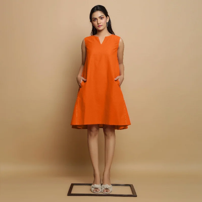 Orange Cotton Poplin Hand Embroidered Knee-Length Godet Dress