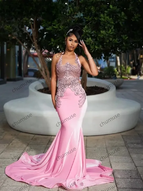 Pink Mermaid Prom Dress Beaded Rhinestone Birthday Dresses Black Girls