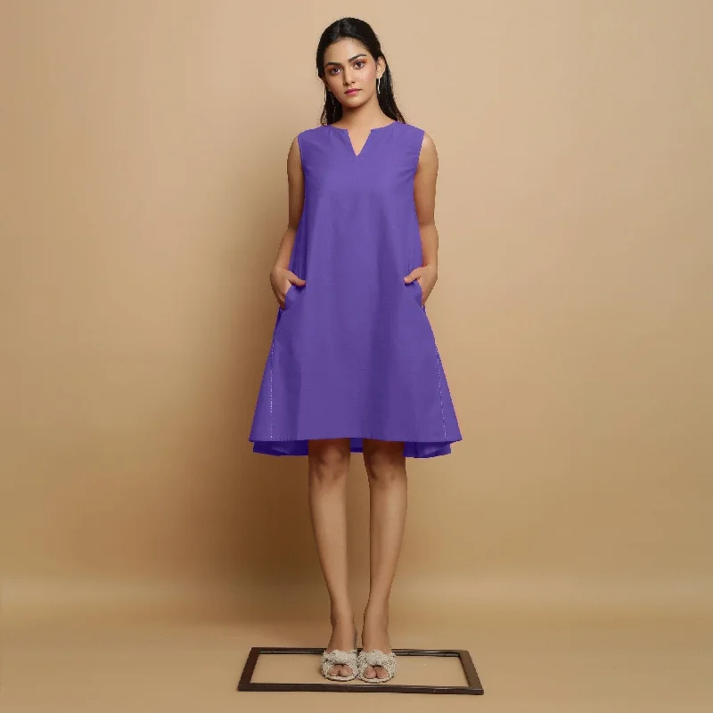 Purple Cotton Poplin Hand Embroidered Knee-Length Godet Dress