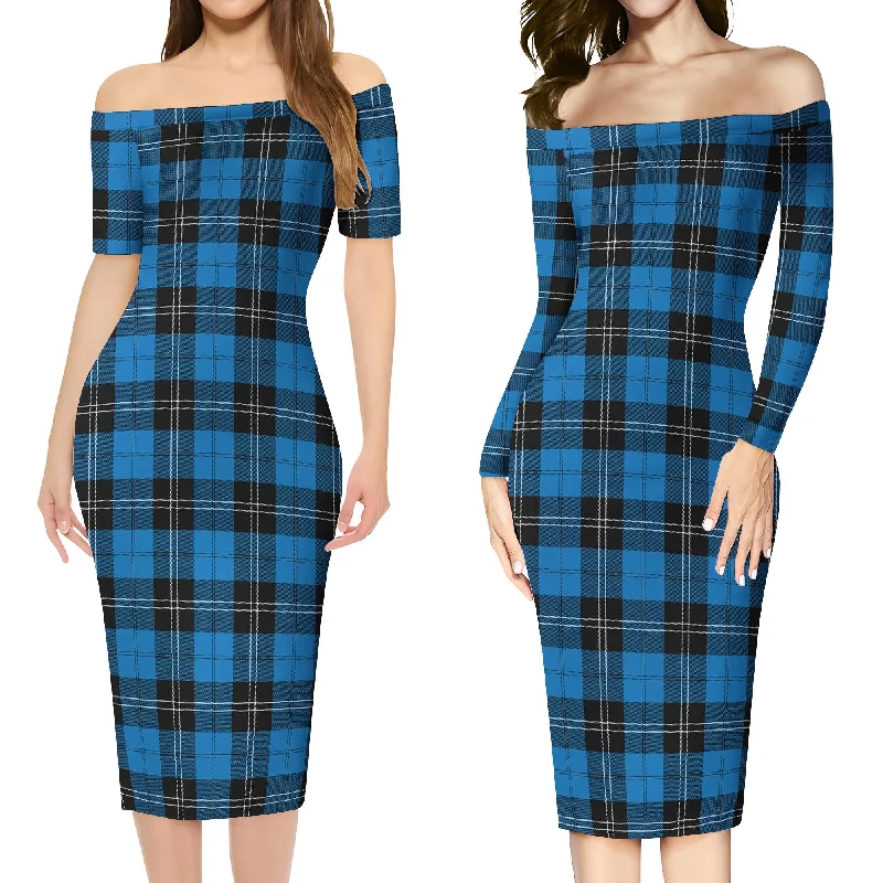 Ramsay Blue Ancient Tartan Off Shoulder Lady Dress