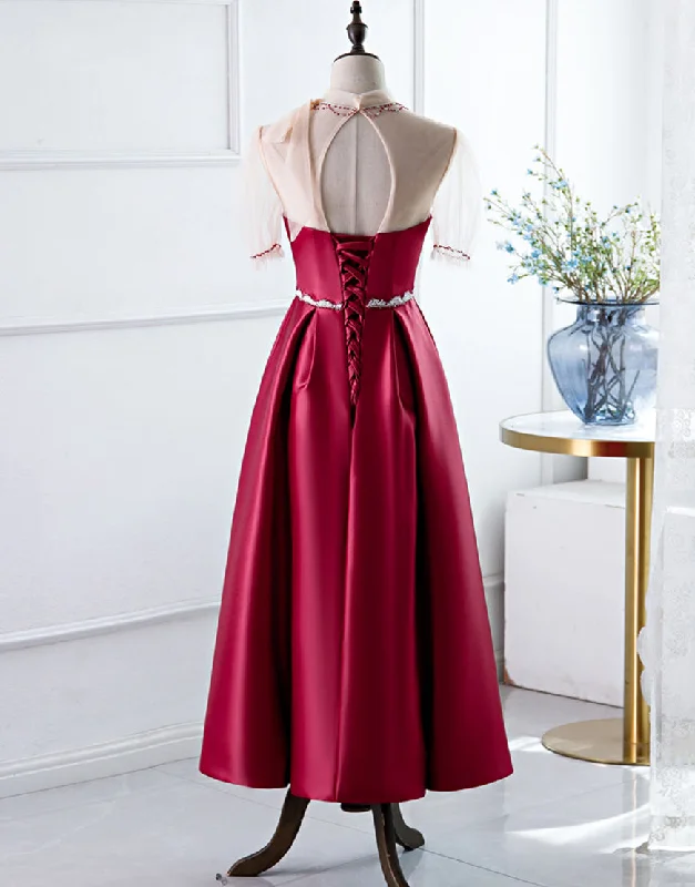 Red A-Line Round-Neck Evening Dress with Beading