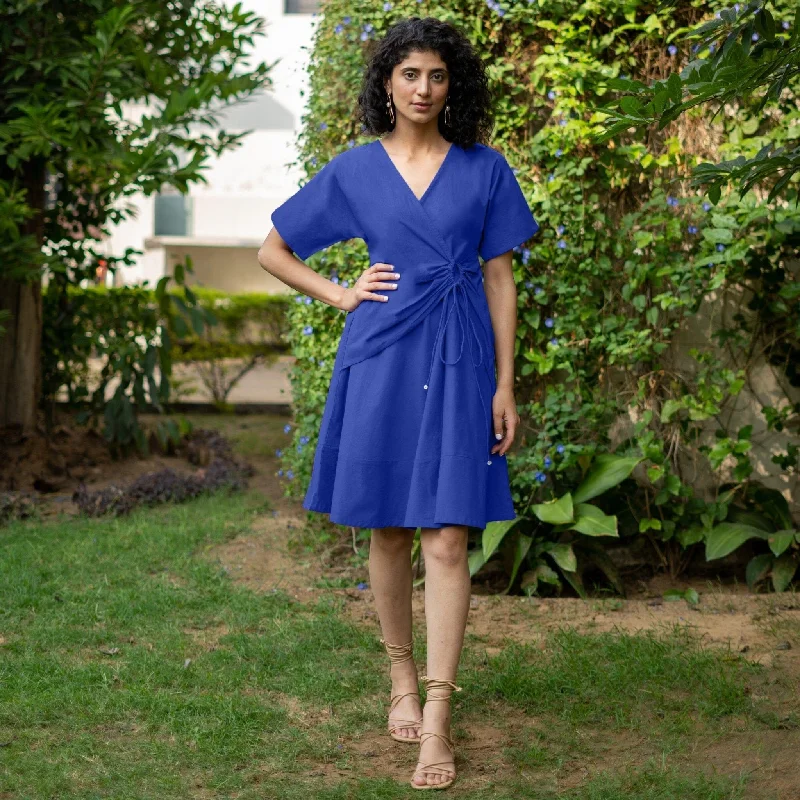 Royal Blue Cotton Poplin Drop Shoulder Sleeves Knee Length Wrap Dress