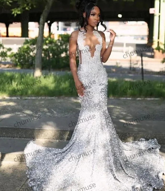 Sexy Diamond Silver Mermaid Prom Formal Dress Black Girl Sparkly