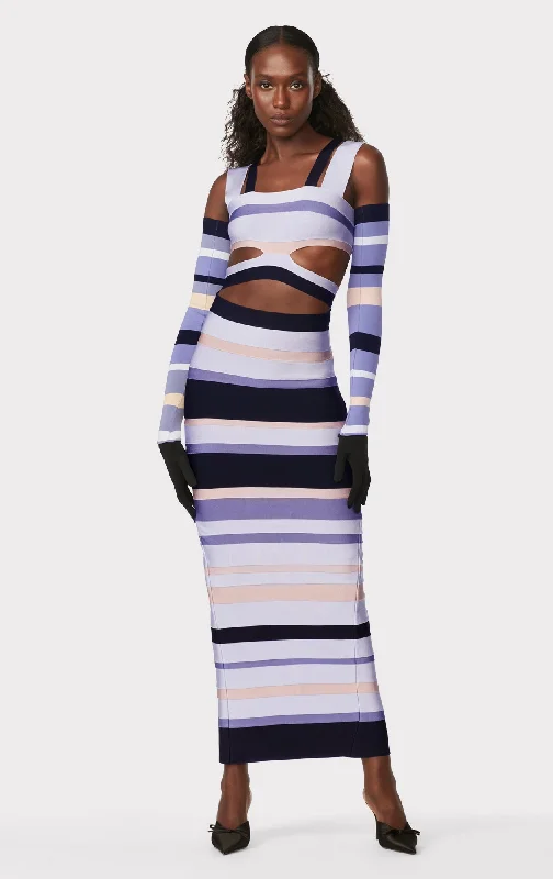 HERVÉ LÉGER X LAW ROACH STRIPED BANDAGE CUTOUT GOWN