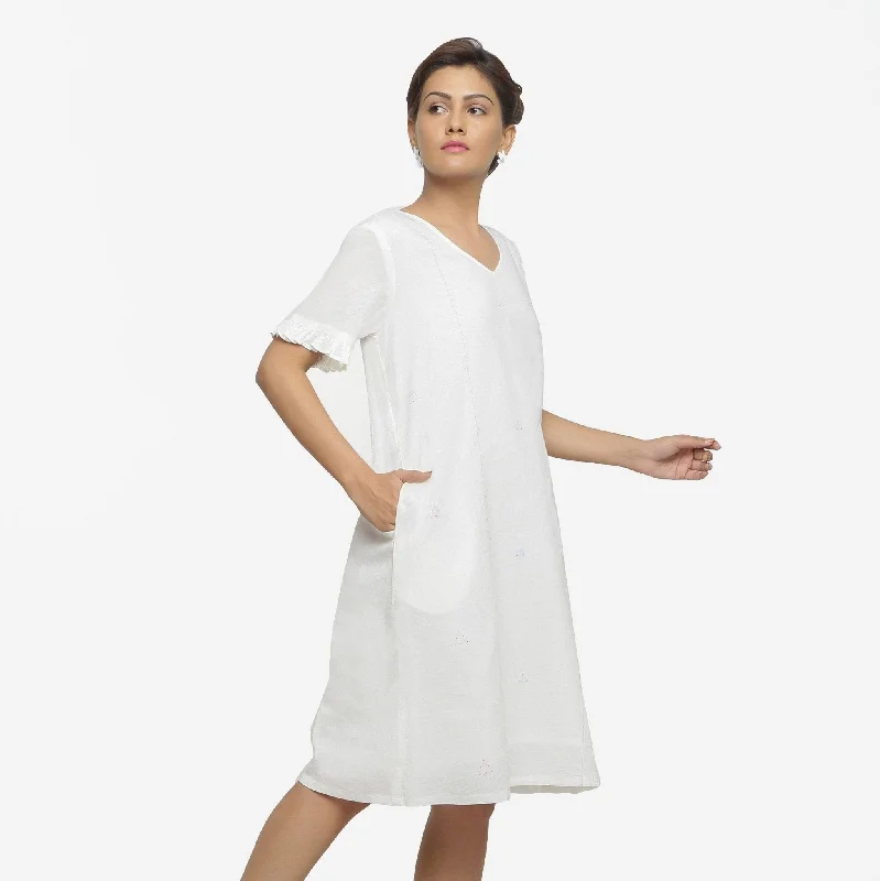 White Hand-Embroidered Organic Cotton Knee Length Shift Dress