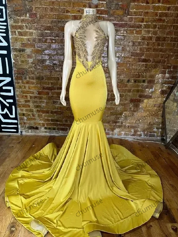 Yellow Satin Mermaid Prom Dresses for Black Girl Luxury