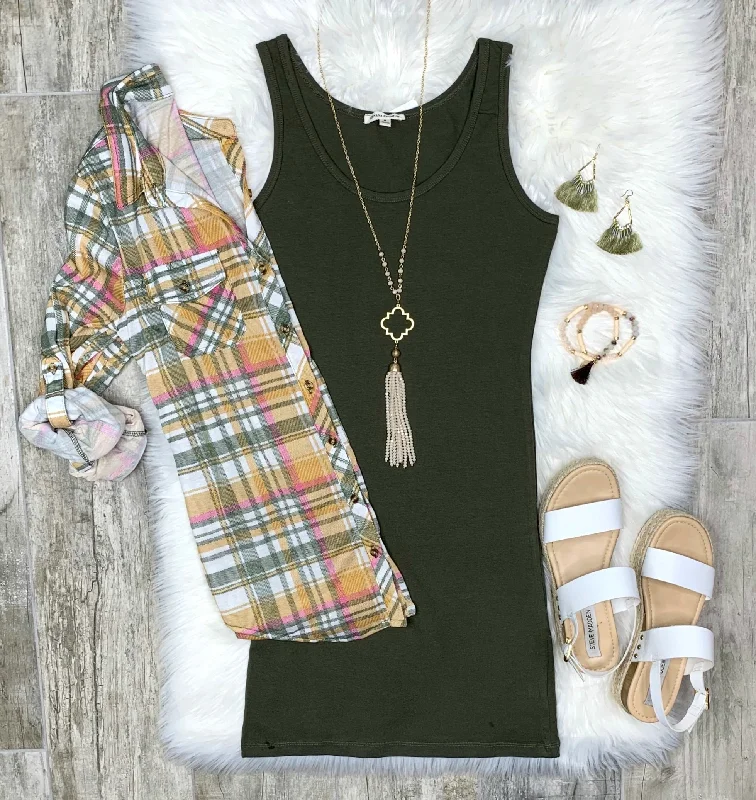 Basic Tank Dress - Olive Spaghetti Strap Dress