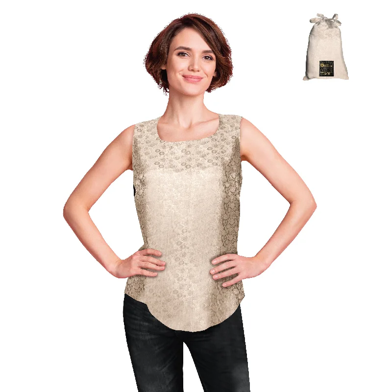Luxury Artisan Silk Blouse Sleeveless Jacquard, Mulberry Silk Top, Silk Tank Top Round Neck Tank Dress Style Look