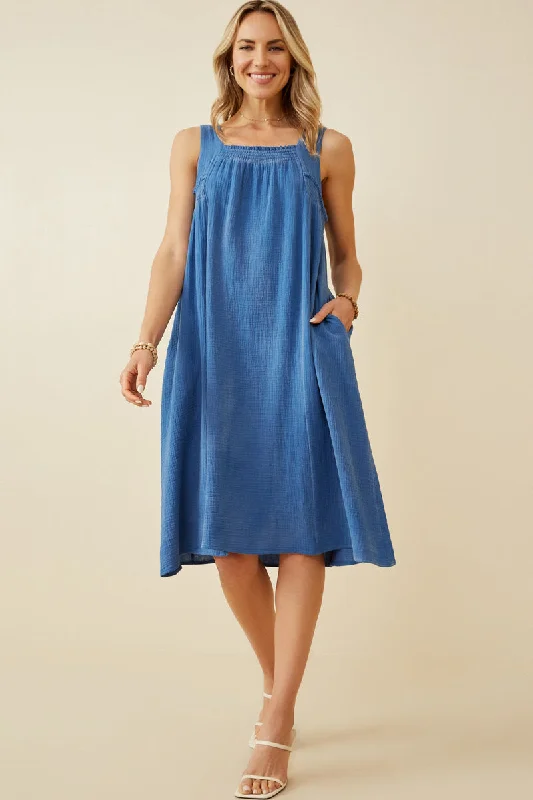Washed Textured Smock Detail Tank Dress Sleeveless Tank Gown