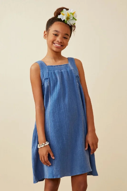 Washed Textured Smock Detail Tank Dress A-line Sleeveless Dress