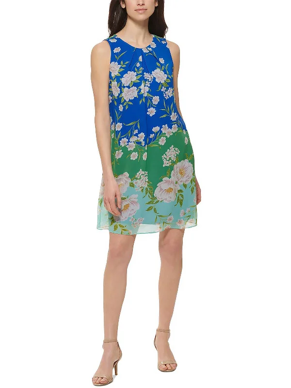 Petites Womens Floral Mini Shift Dress