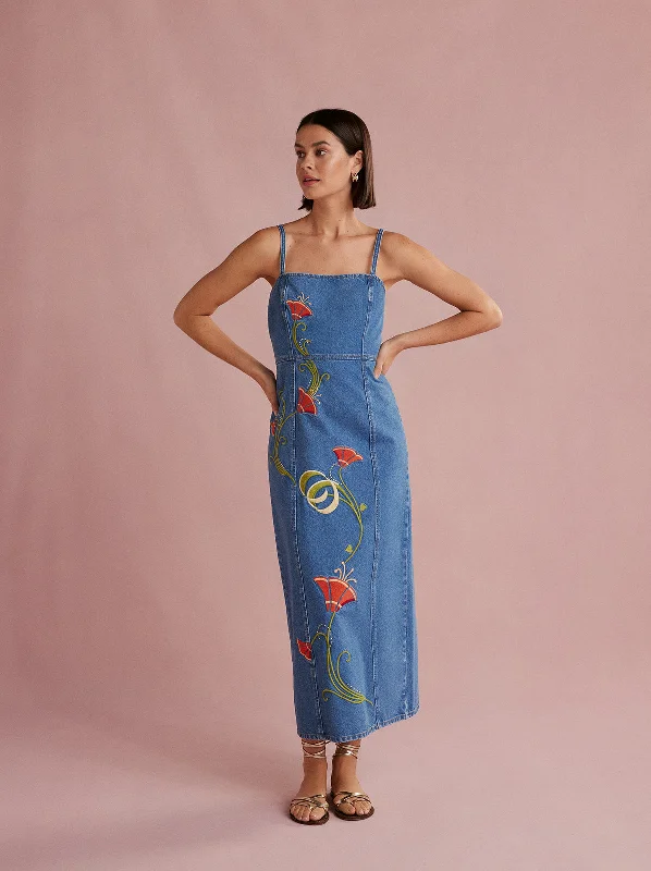 Ursula Embroidered Denim Midi Dress