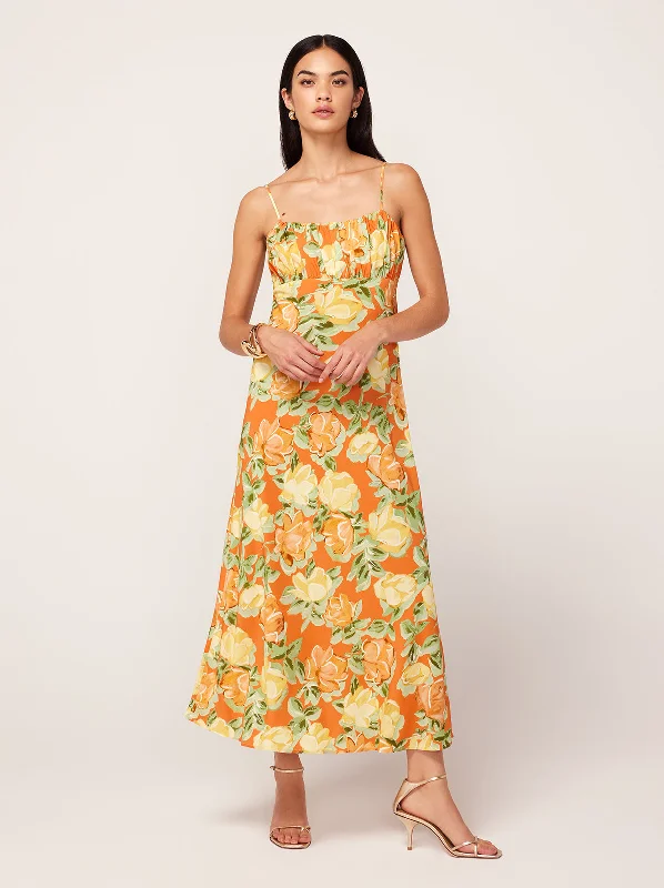 Velma Apricot Painted Floral Print Midi Dress