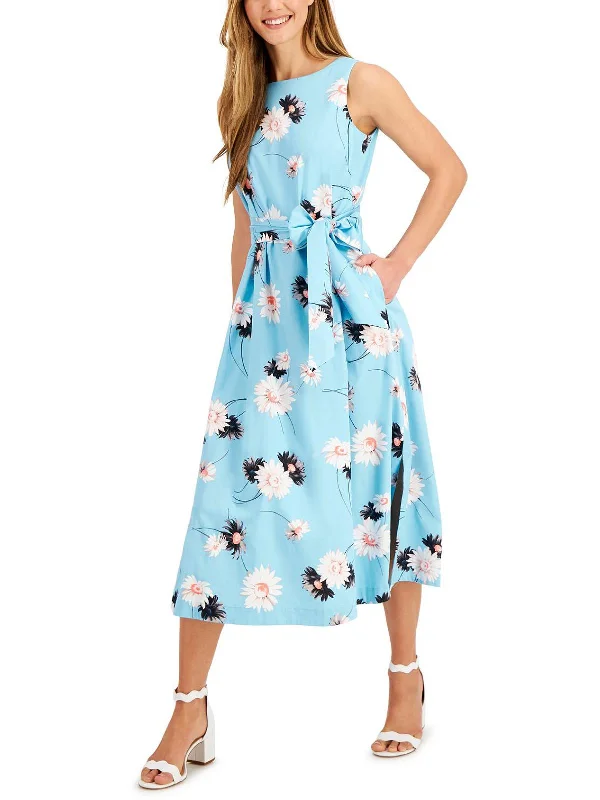 Womens Printed Tie Sash Midi Dress