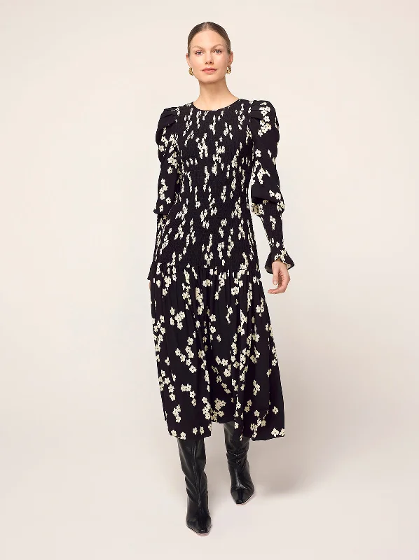 Wren Black Blurred Floral Shirred Midi Dress