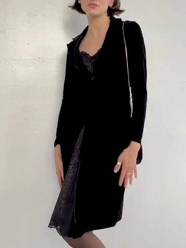 90s Black Velvet + Lace Lapel Dress (S)